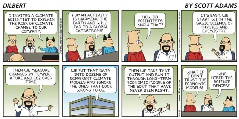 a Dilbert comic that implies climate science is a scam