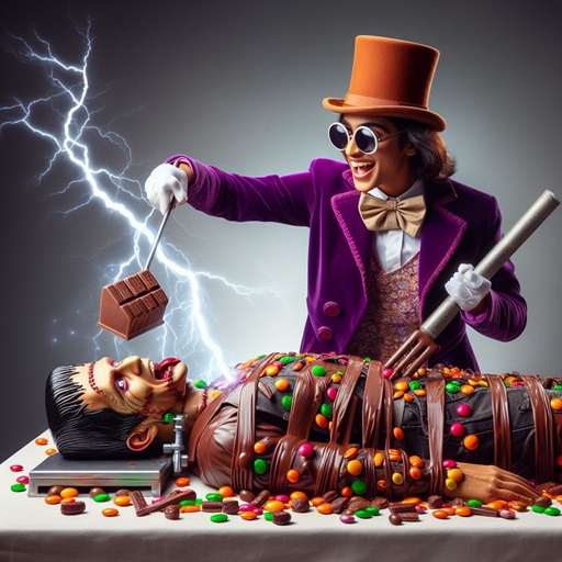 image: a nonsensical AI-generated image of Willy Wonka electrifying a chocolate-wrapped Frankenstein's Monster